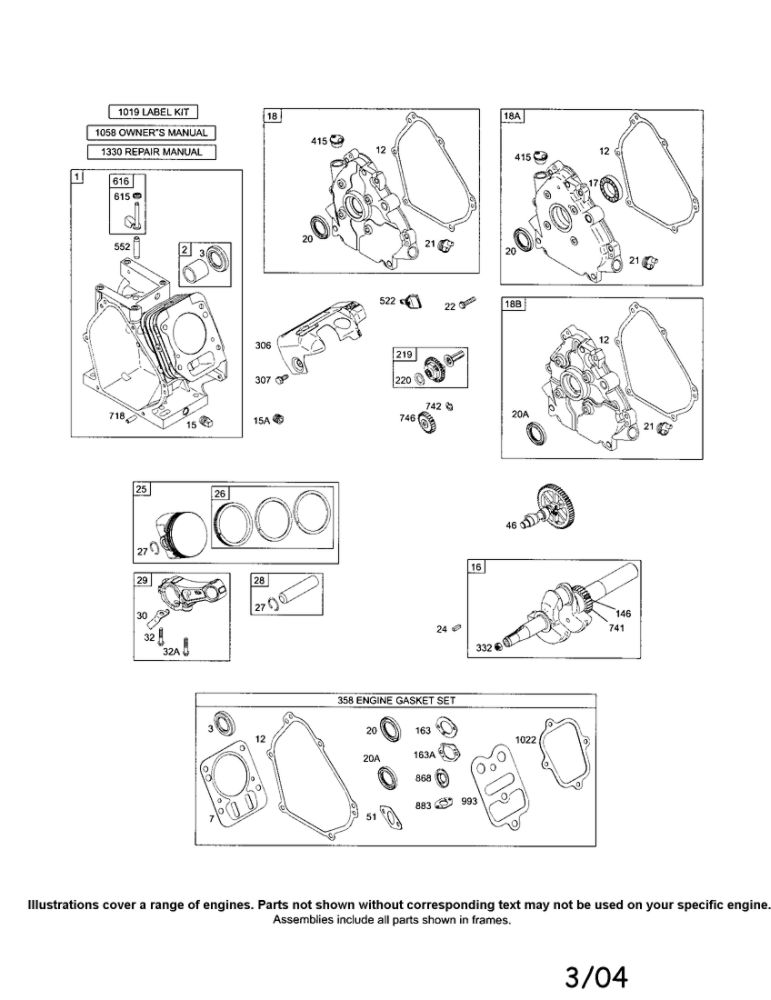 Cylinder Assembly/Engine Gasket Set Diagram and Parts List for 120312-0301-E1  Briggs and Stratton Engine